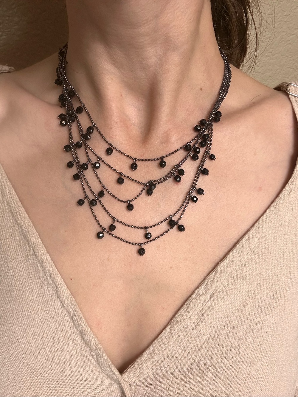 Black Multi-Strand Beaded Necklace and Ring Set